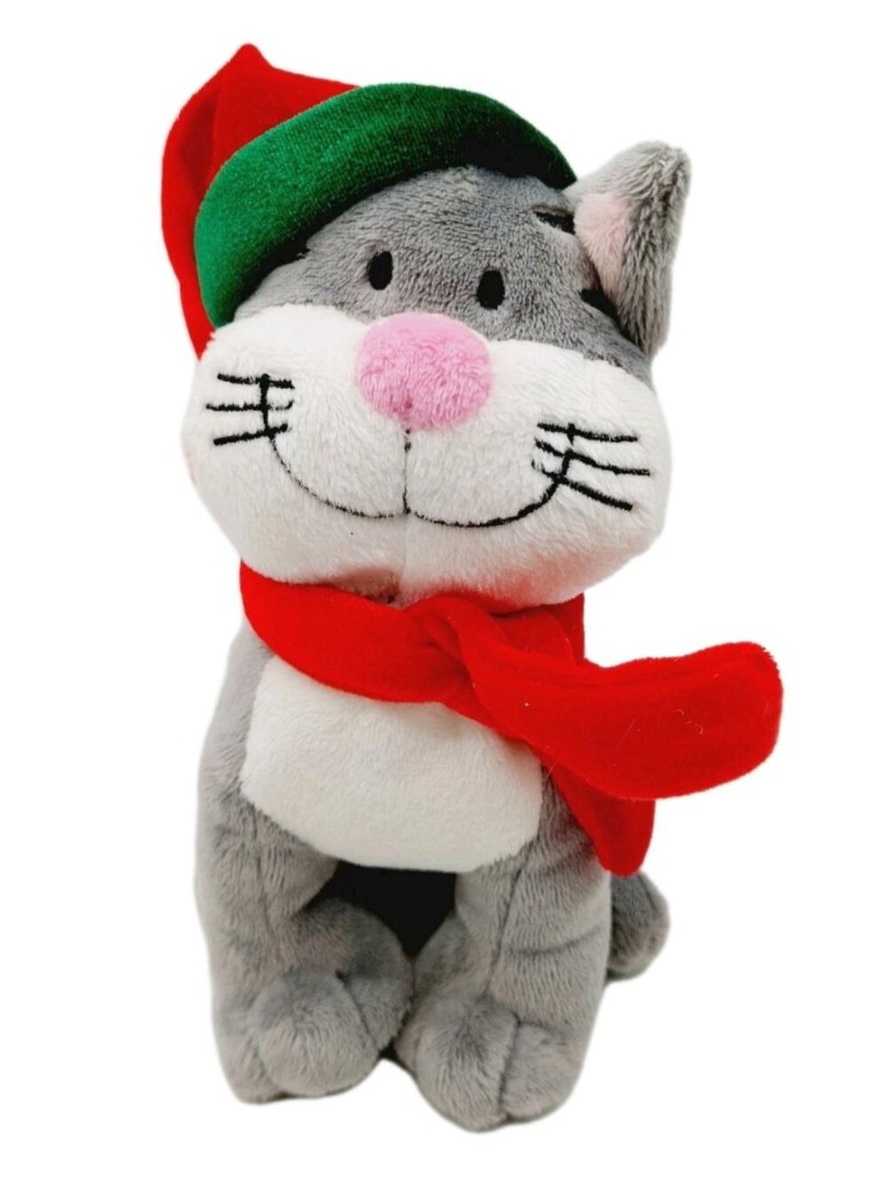 Christmas Kitty Cat Gray Stuffed Plush Red Santa Hat Scarf WalMart 7"